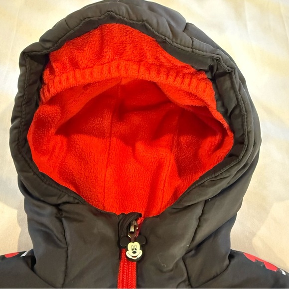 Disney Winter Coat & Mickey Stuffy, Kids Black Red Hooded Puffer Backpack Sz 2T - Picture 8 of 16